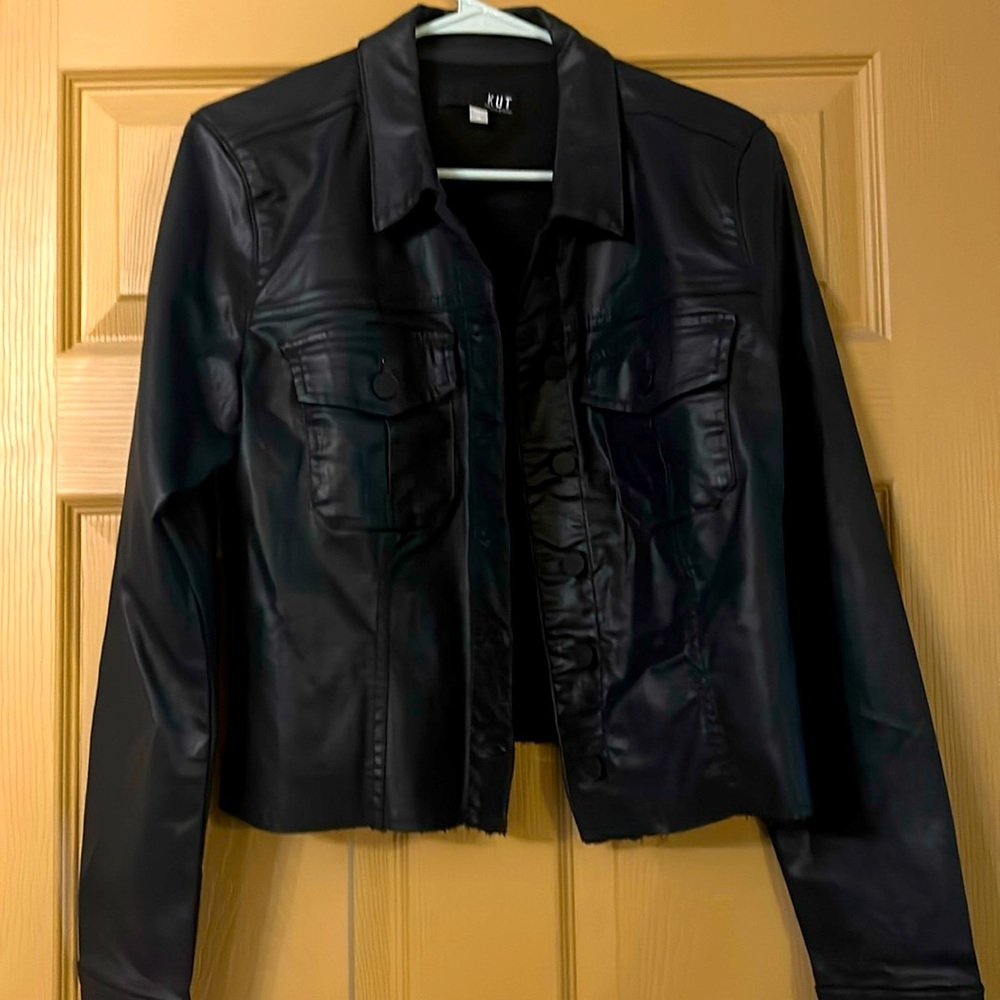 Kara Coated Crop Jacket with raw em in midnight